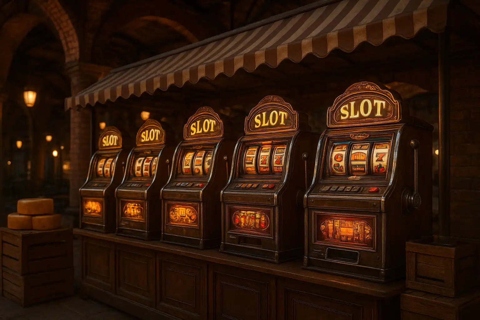 Rij elegante gokkasten opgesteld als marktkramen op de kaasmarkt bij JamSlots